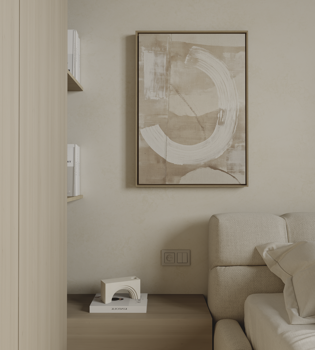 Minimalist abstract wall art with soft circular brushstroke on warm neutral background