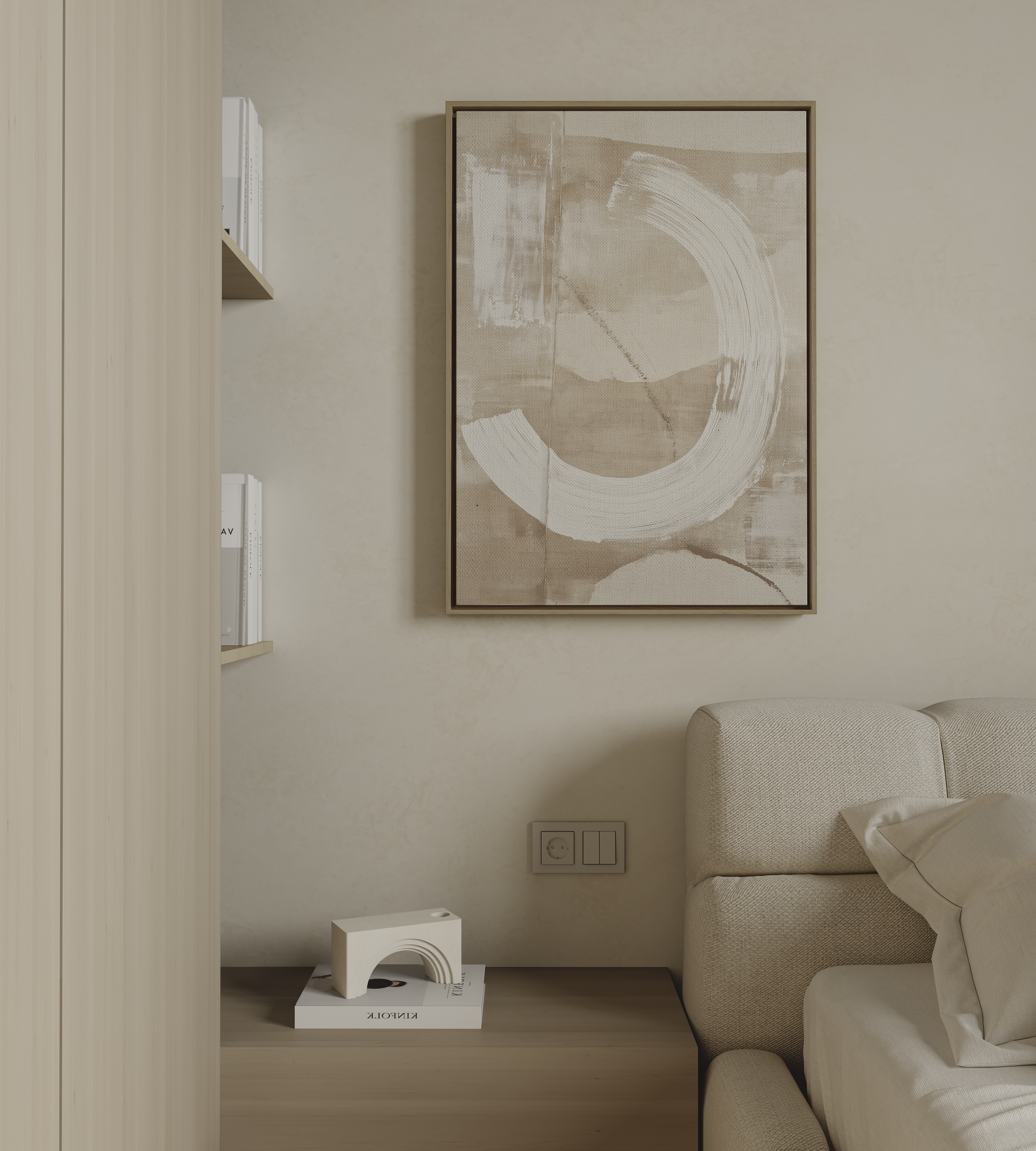 Minimalist abstract wall art with soft circular brushstroke on warm neutral background