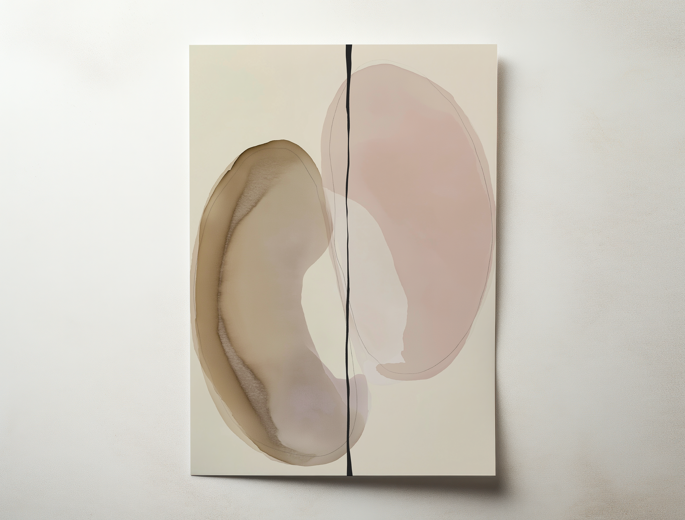 Arcelle minimalist abstract wall art featuring two soft organic shapes in neutral tones divided by a bold vertical line