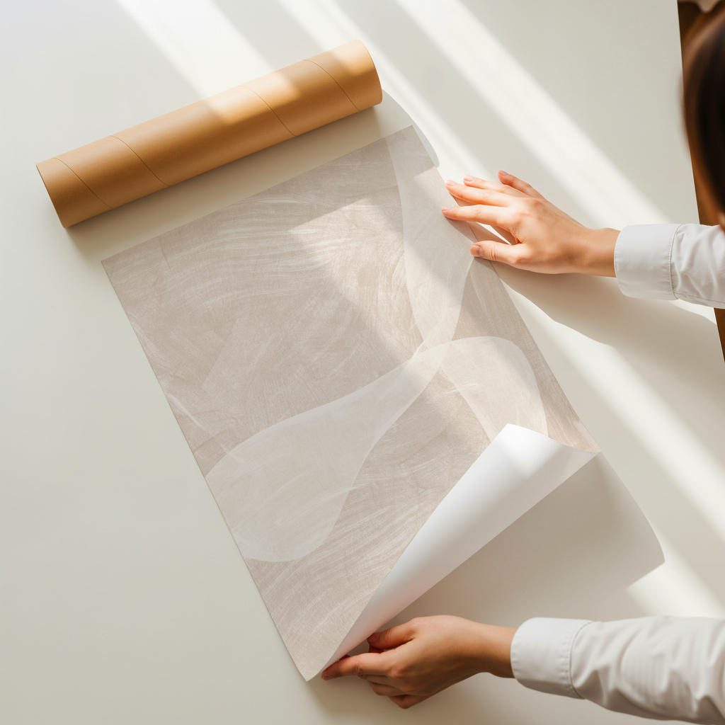 Minimal abstract art print in soft beige and cream tones with flowing layered shapes, modern neutral wall art