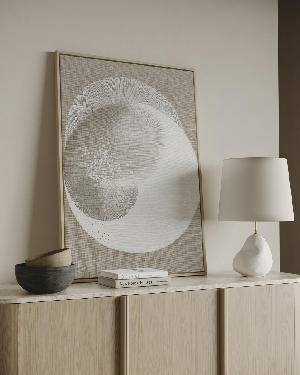 Minimalist abstract wall art with soft organic shapes in neutral tones
