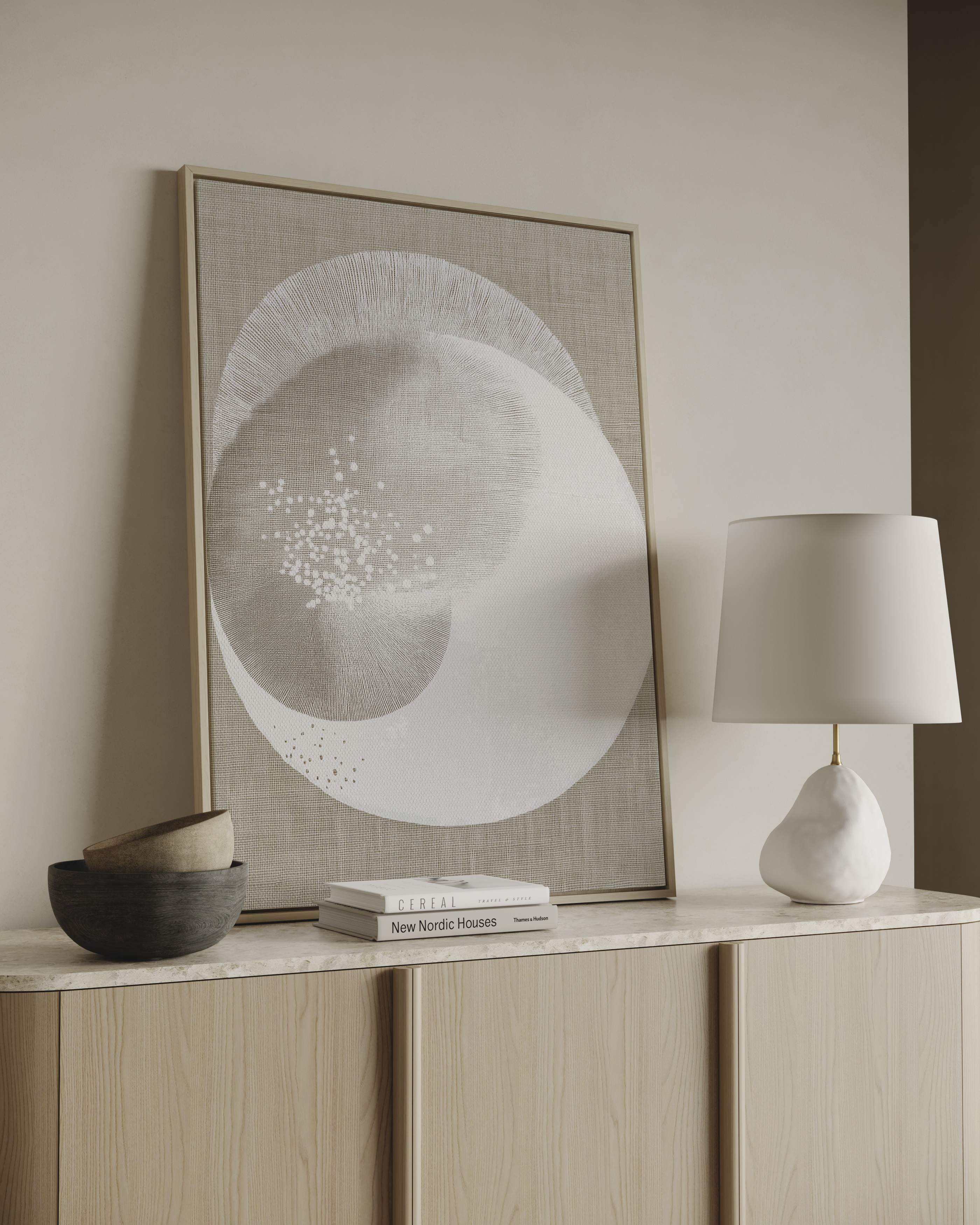 Minimalist abstract wall art with soft organic shapes in neutral tones