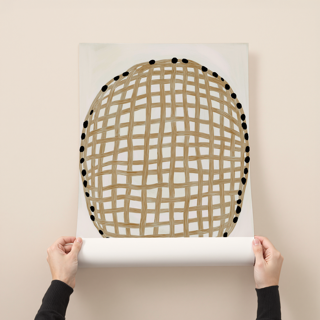Minimal abstract wall art print with woven vertical and horizontal lines in neutral tones, modern and Scandinavian style.
