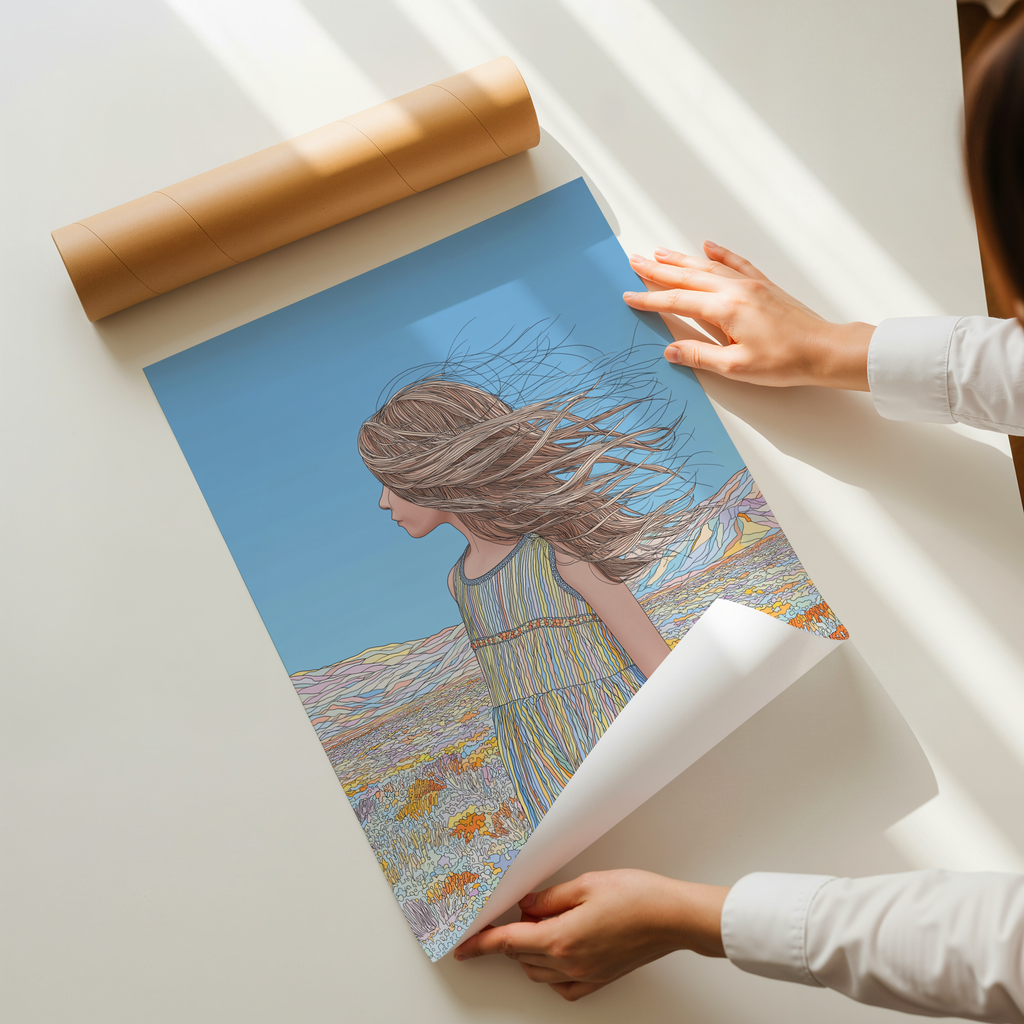 Minimal line illustration of a young girl with long hair blowing in the wind, standing in a soft pastel desert landscape under a clear blue sky.