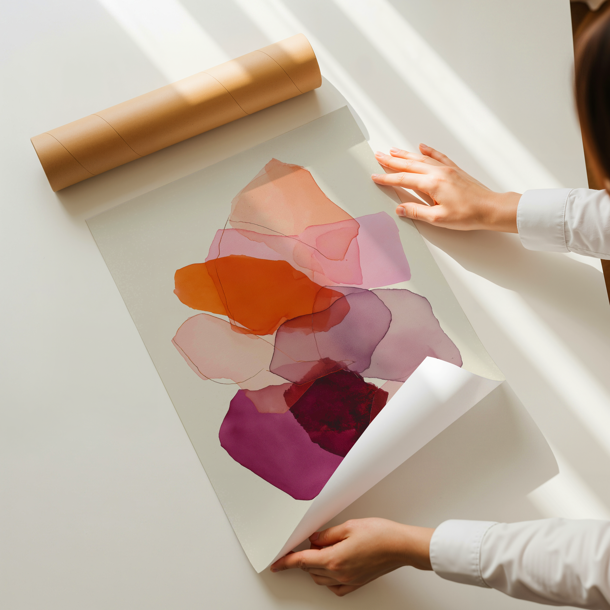 Abstract art print with layered translucent burgundy, terracotta and blush shapes on a neutral background