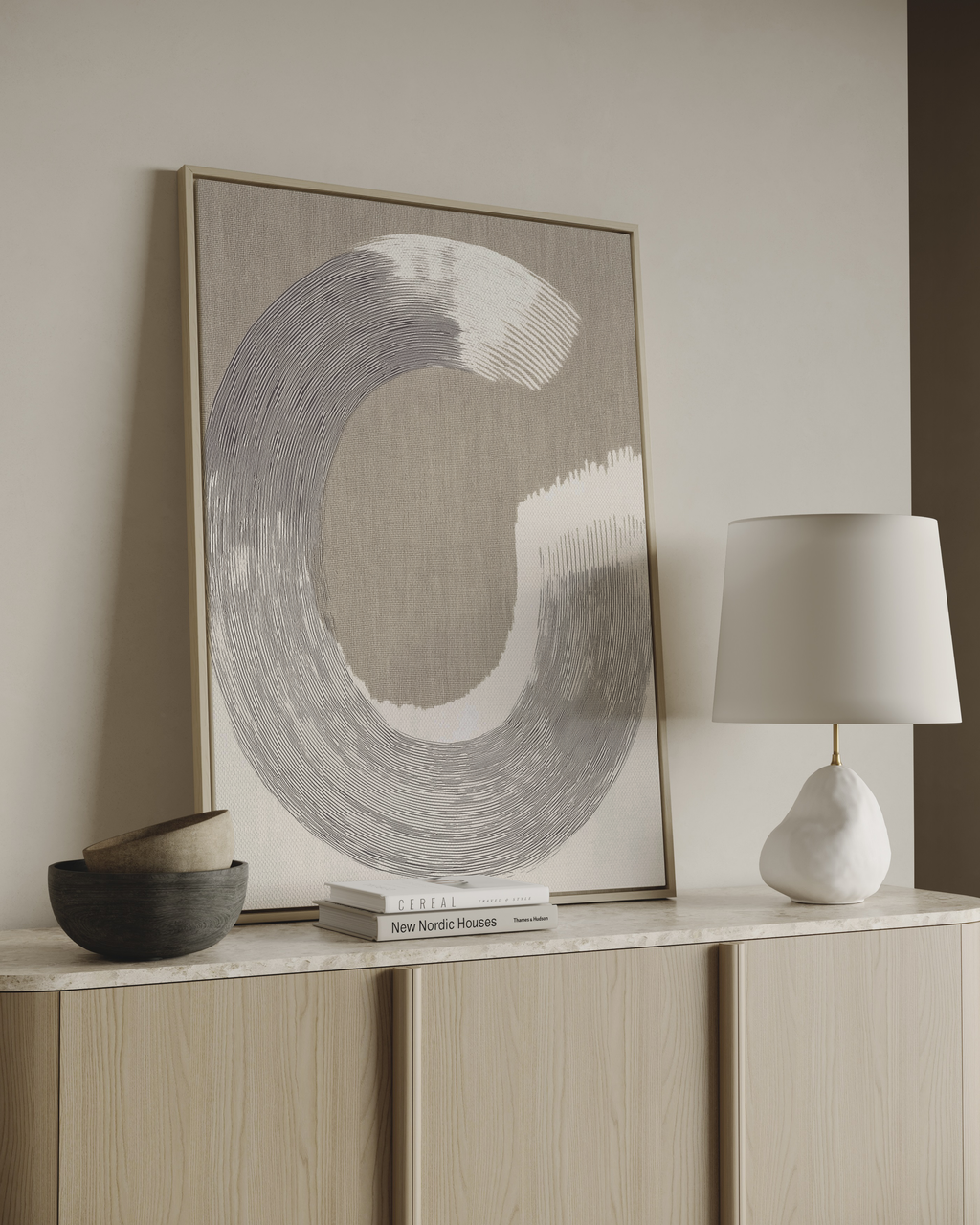 Minimalist abstract wall art with circular line composition on neutral background