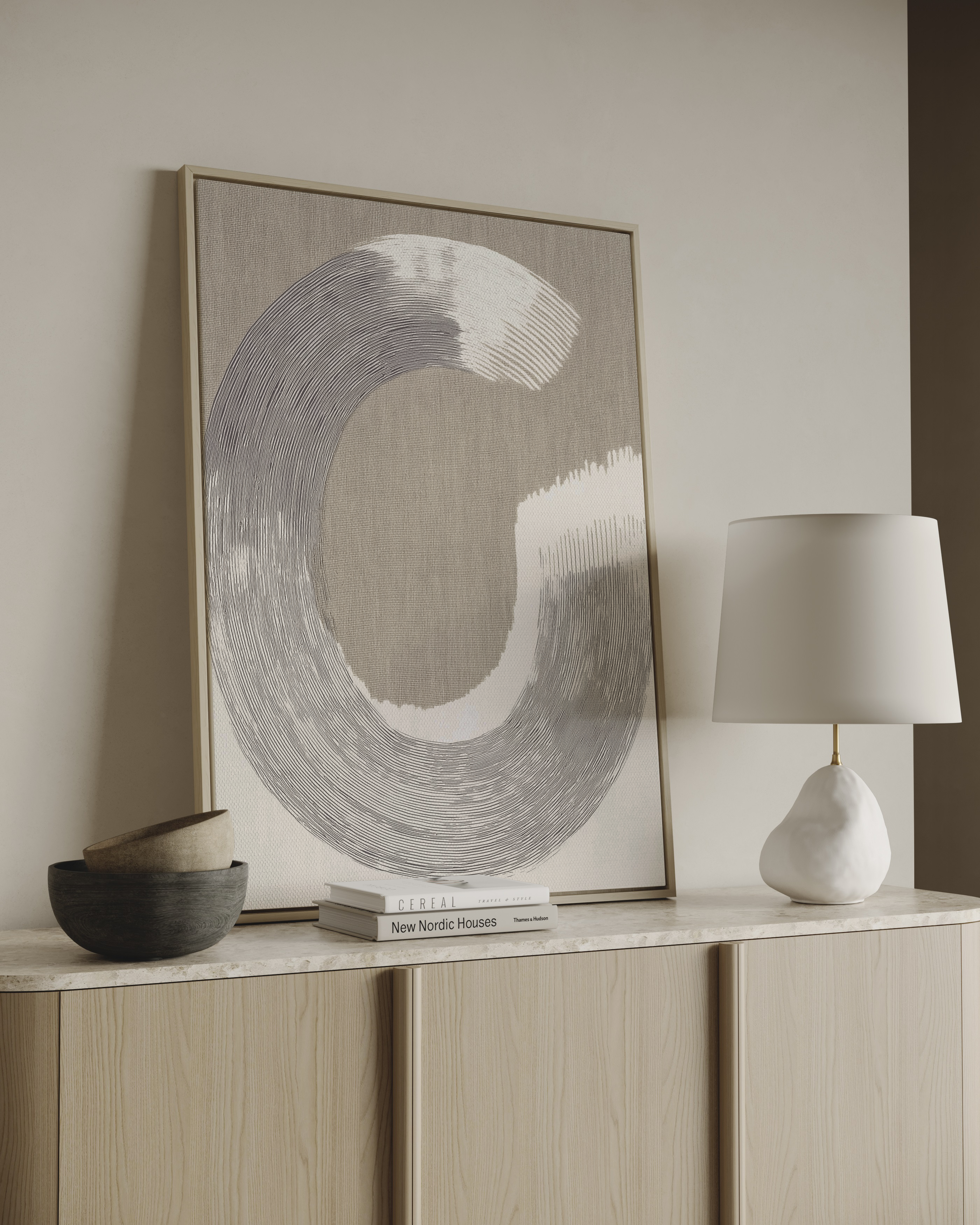 Minimalist abstract wall art with circular line composition on neutral background
