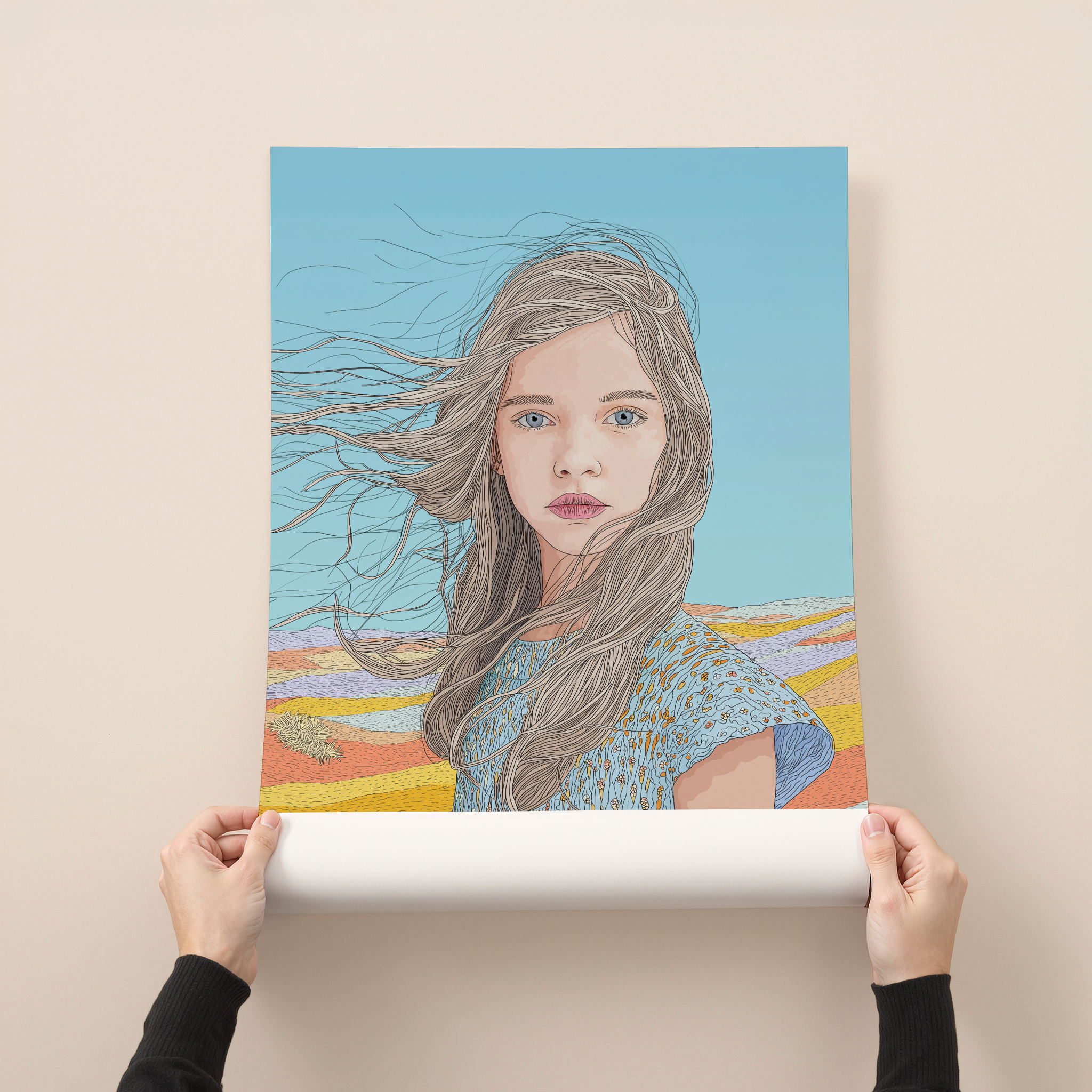 Modern portrait art print of a young woman with long hair blowing in the wind, blue sky background, soft feminine illustration wall decor