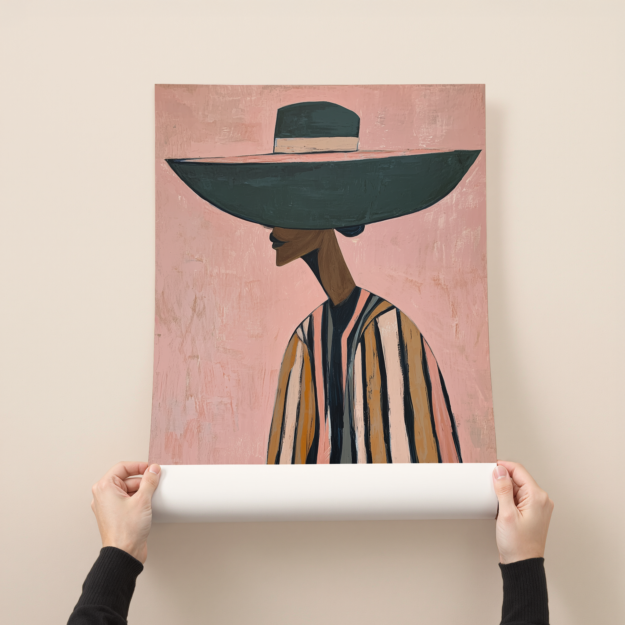 Minimalist fashion portrait art print of a woman in oversized hat with soft blush background and modern illustration style wall decor