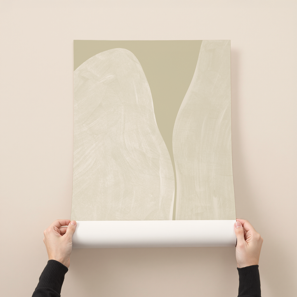 Minimal abstract art print with soft neutral tones and organic flowing shapes