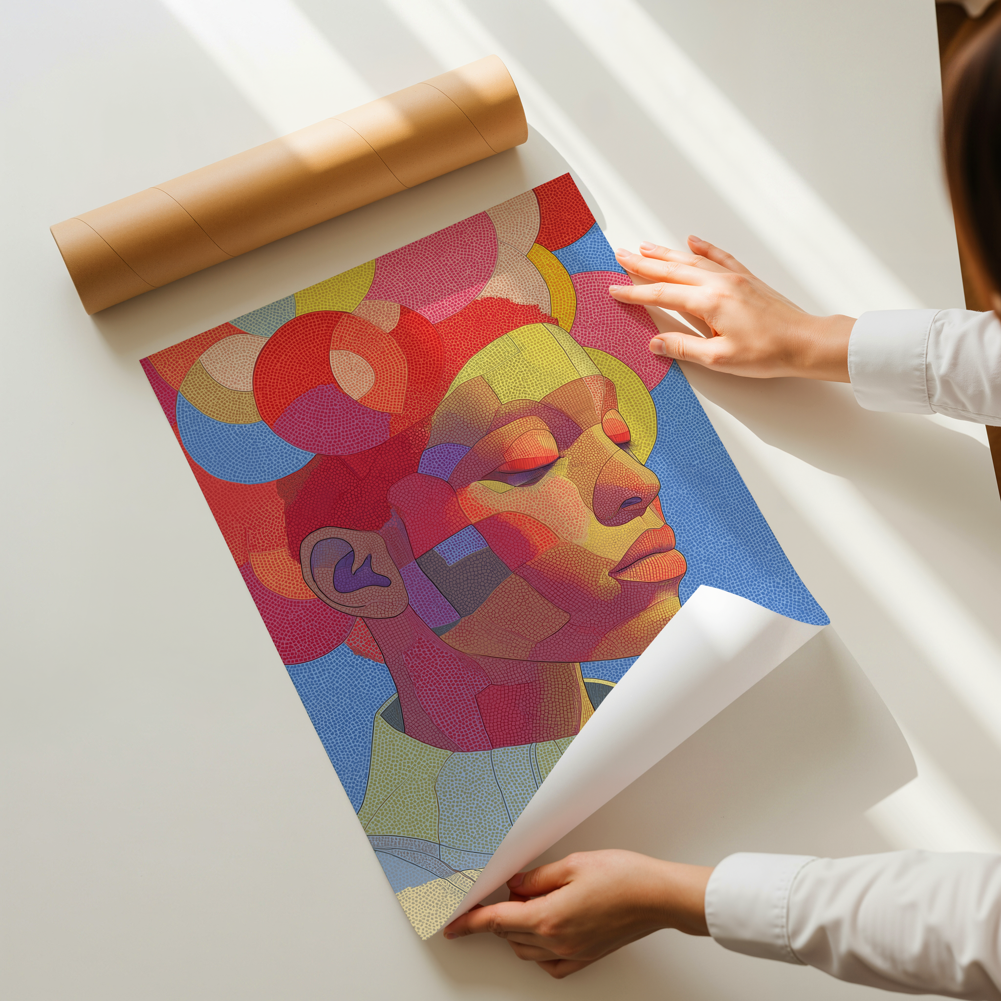 Isara colorful abstract portrait wall art featuring a stylized face composed of geometric shapes and vibrant colors