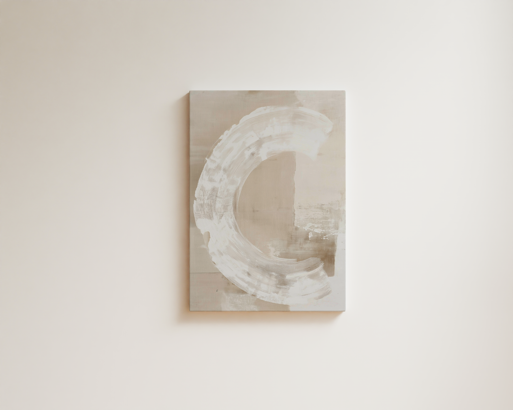 Minimalist abstract wall art with soft white circular brushstroke on neutral background