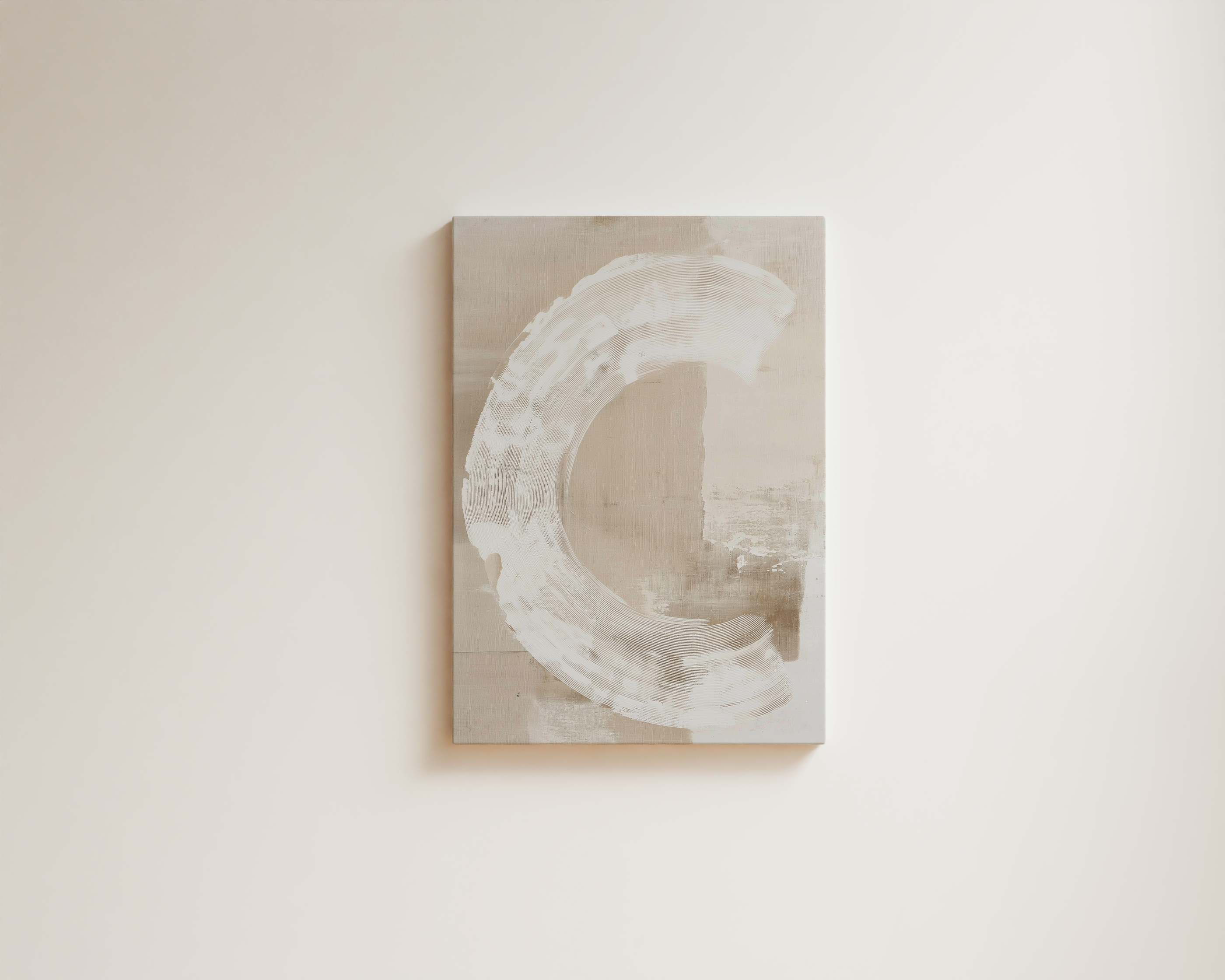 Minimalist abstract wall art with soft white circular brushstroke on neutral background
