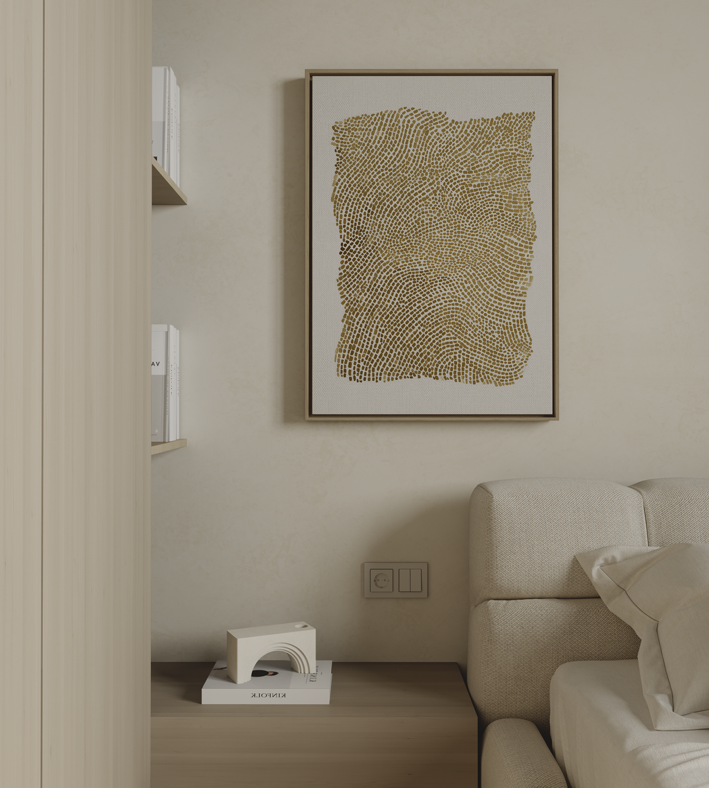 Minimalist abstract wall art with gold textured pattern on neutral background
