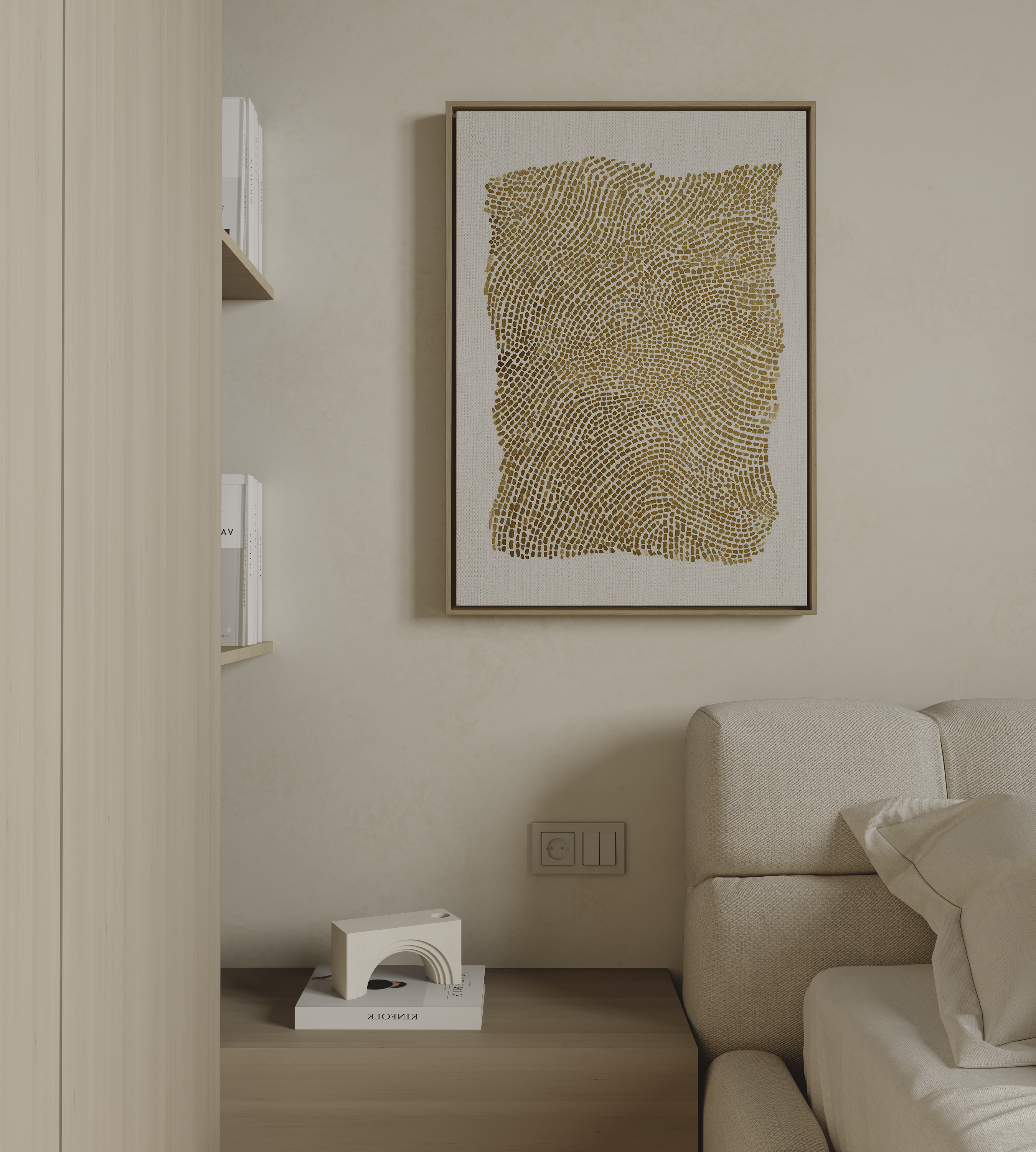 Minimalist abstract wall art with gold textured pattern on neutral background