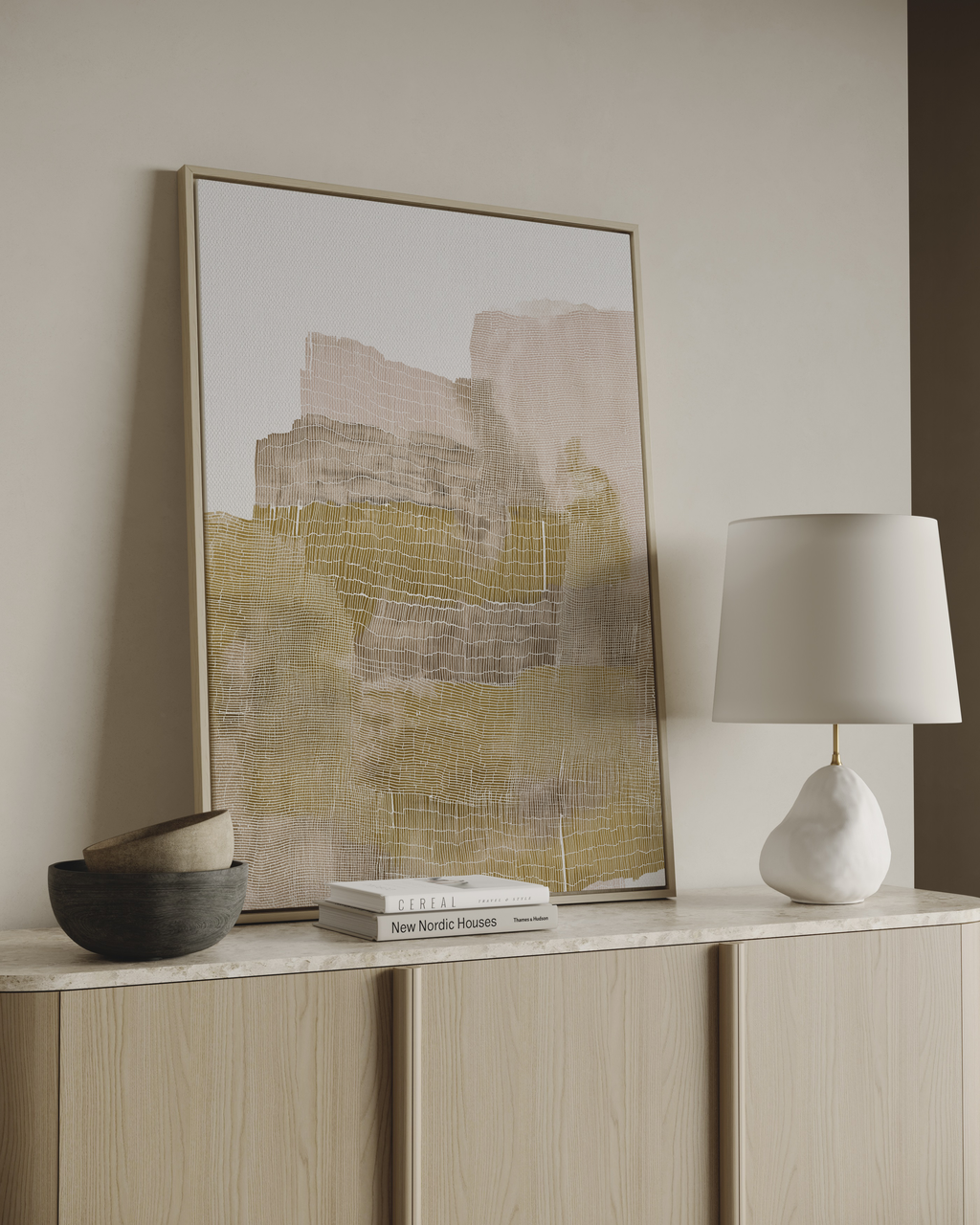 Neutral abstract wall art with layered textures and warm sand tones