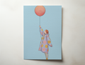Minimalist illustration of a woman holding a balloon on a soft blue background with terracotta and coral tones