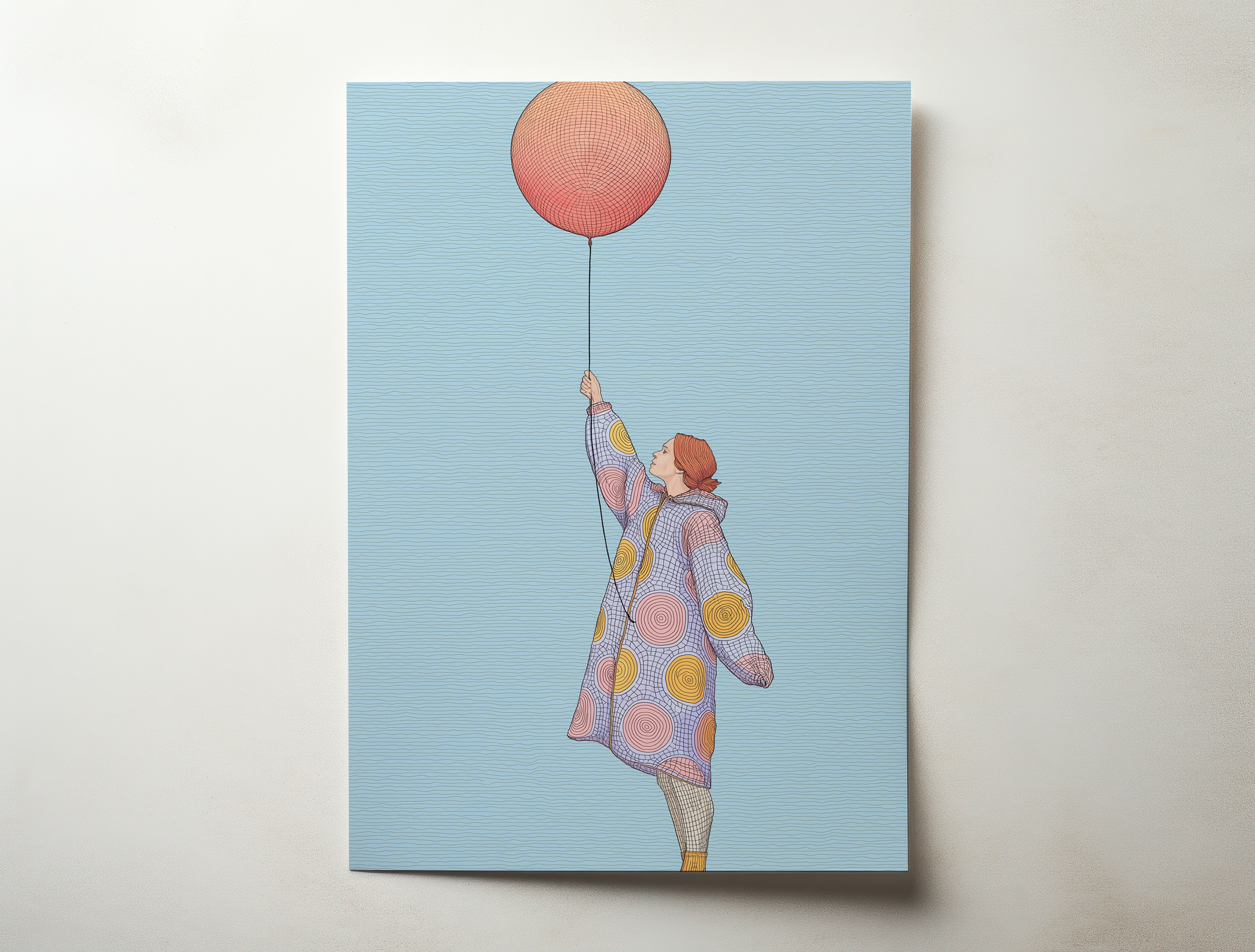 Minimalist illustration of a woman holding a balloon on a soft blue background with terracotta and coral tones