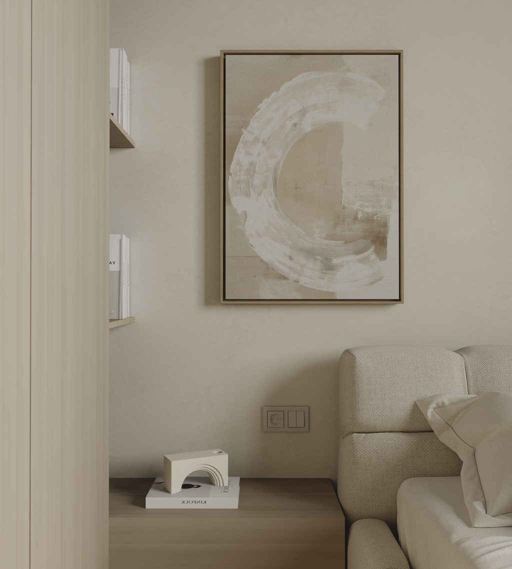 Minimalist abstract wall art with soft white circular brushstroke on neutral background