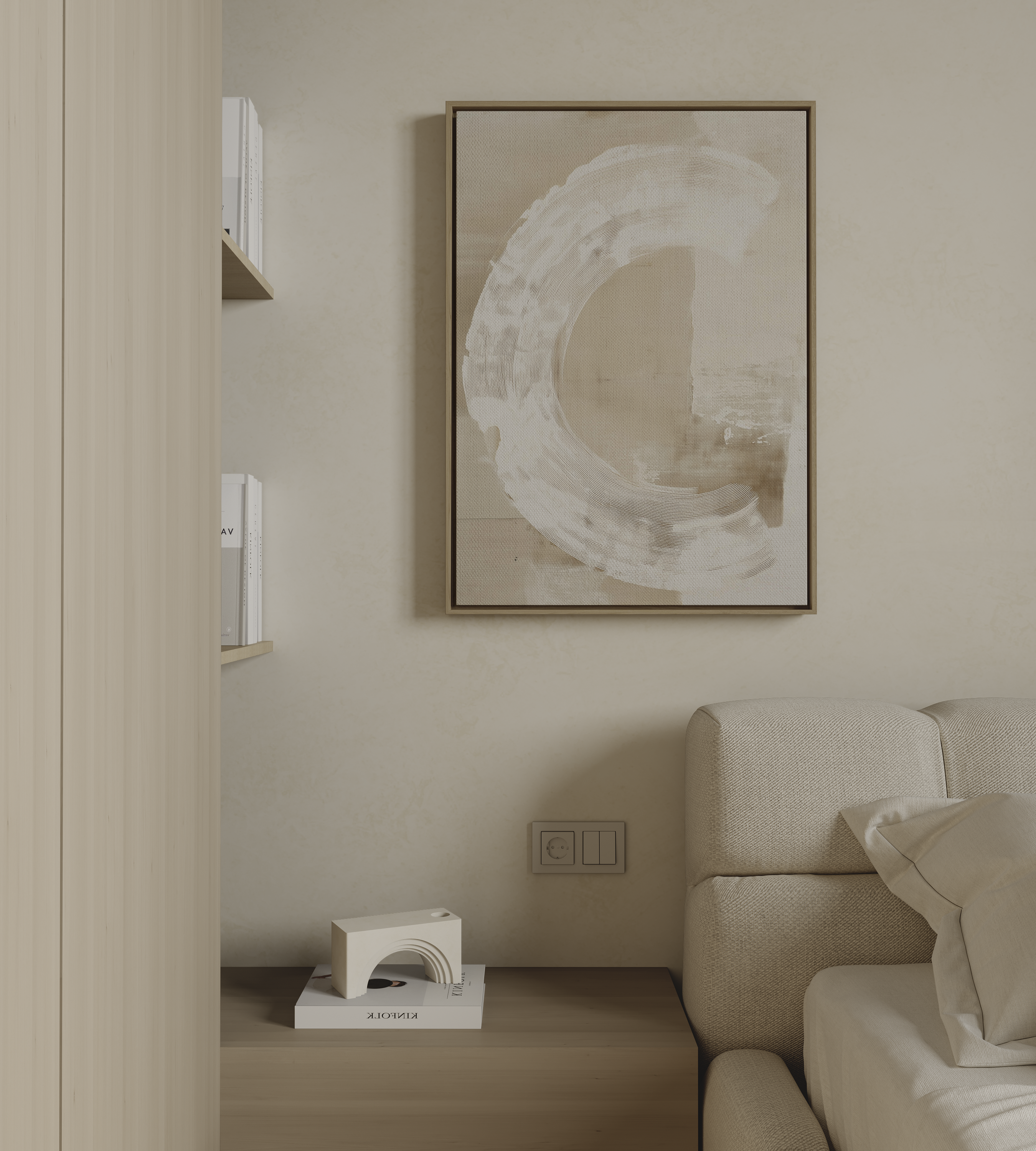 Minimalist abstract wall art with soft white circular brushstroke on neutral background