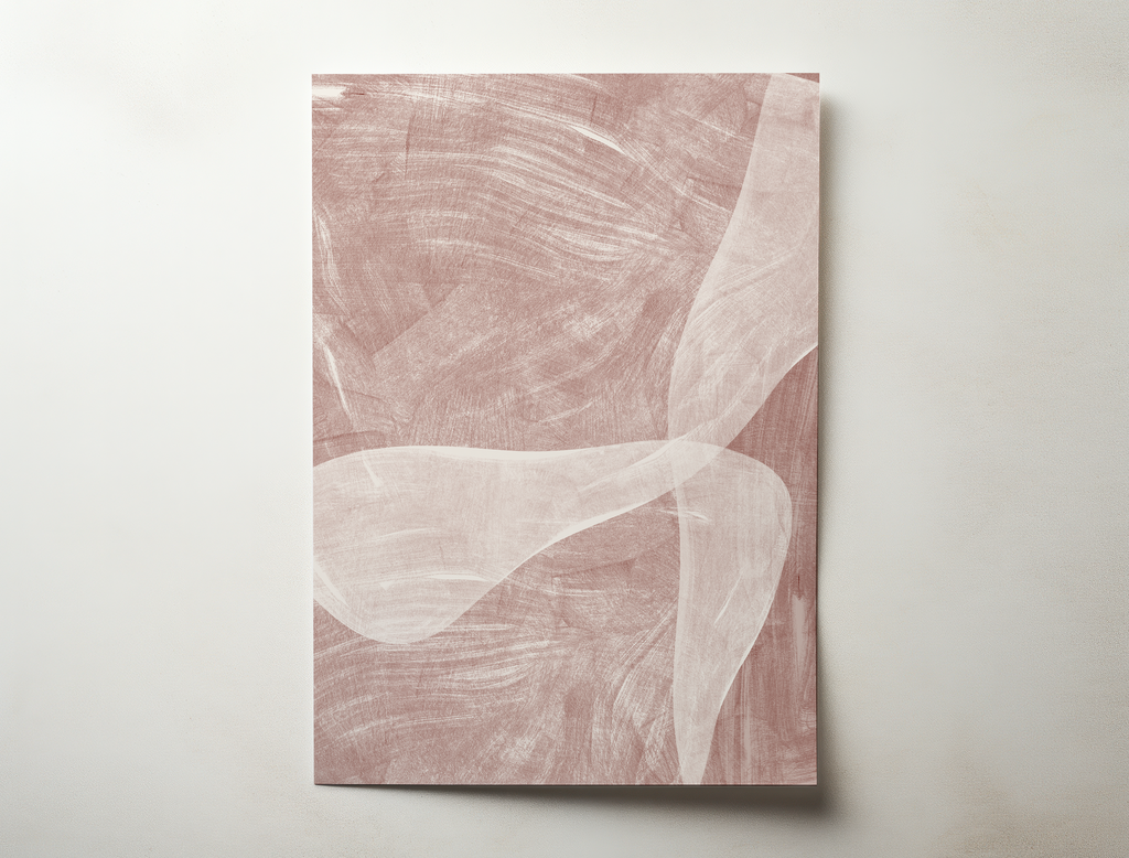Abstract wall art print with soft flowing brushstrokes in blush and warm neutral tones, minimalist modern design.