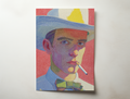 Colorful modern portrait art print of a man wearing a wide hat and smoking, illustrated with fine graphic lines and bold red, blue and yellow tones