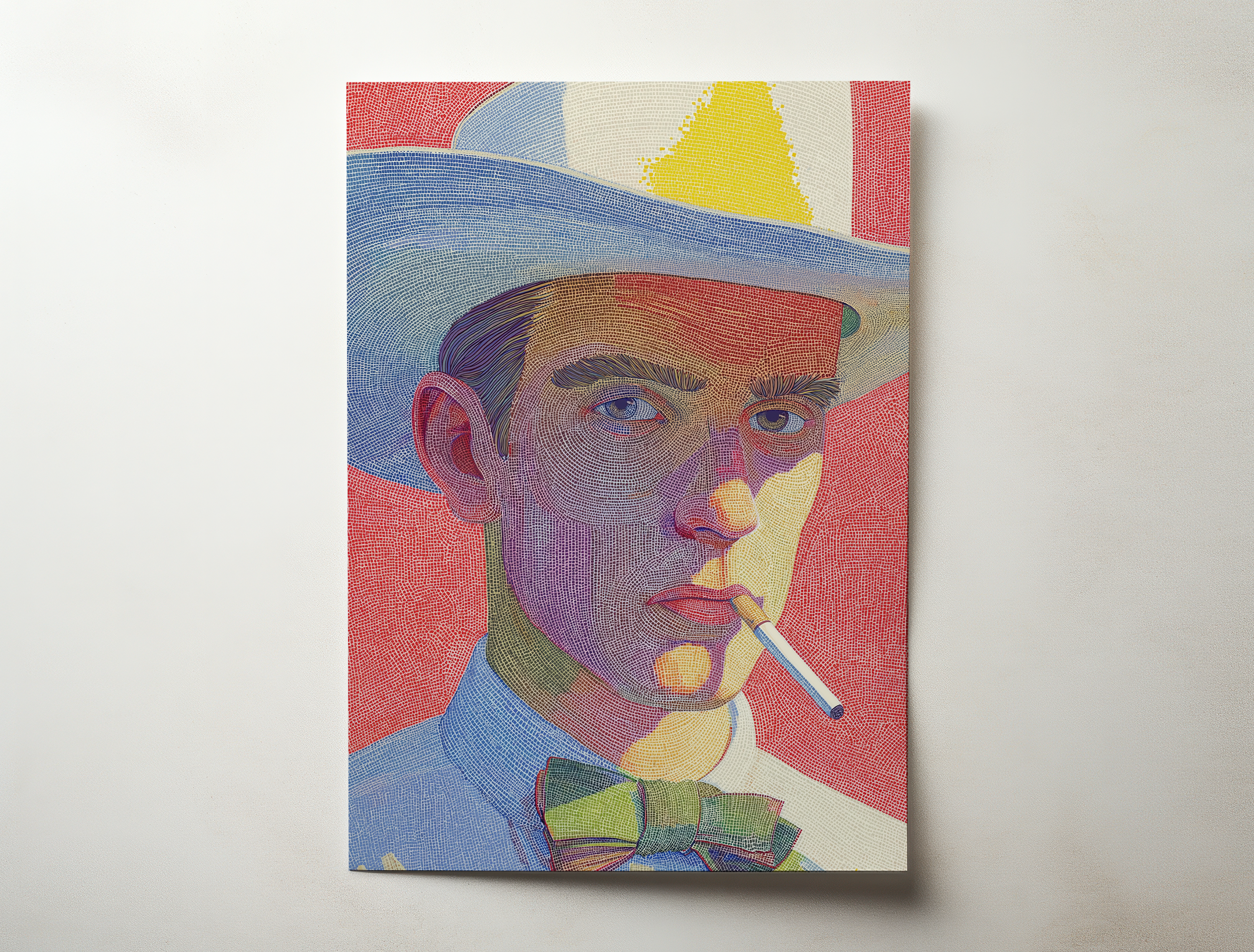 Colorful modern portrait art print of a man wearing a wide hat and smoking, illustrated with fine graphic lines and bold red, blue and yellow tones