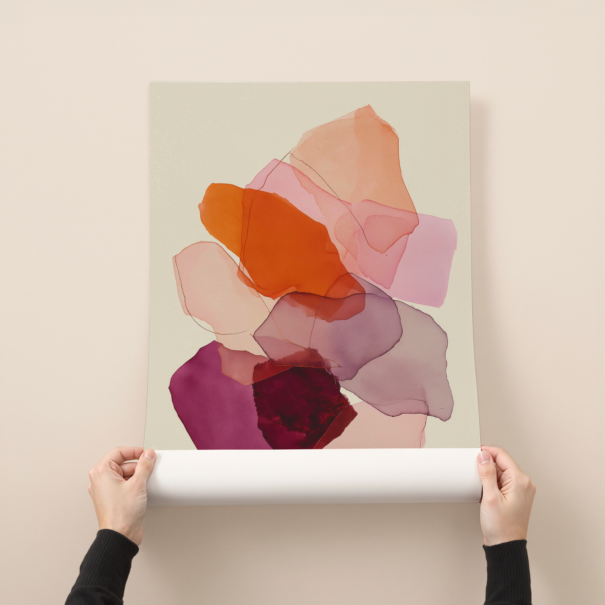 Abstract art print with layered translucent burgundy, terracotta and blush shapes on a neutral background
