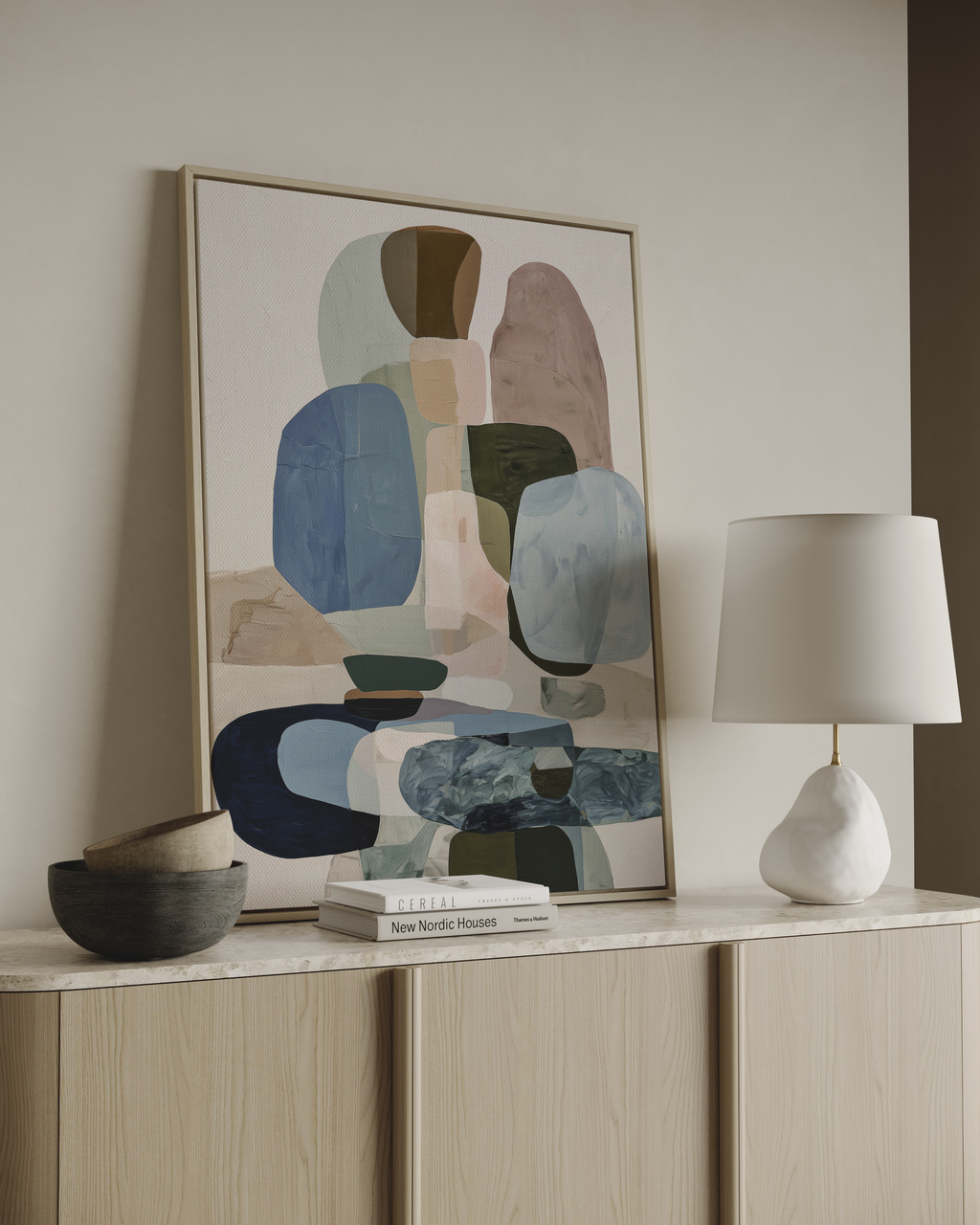 Abstract wall art with blue and neutral tones in soft organic composition