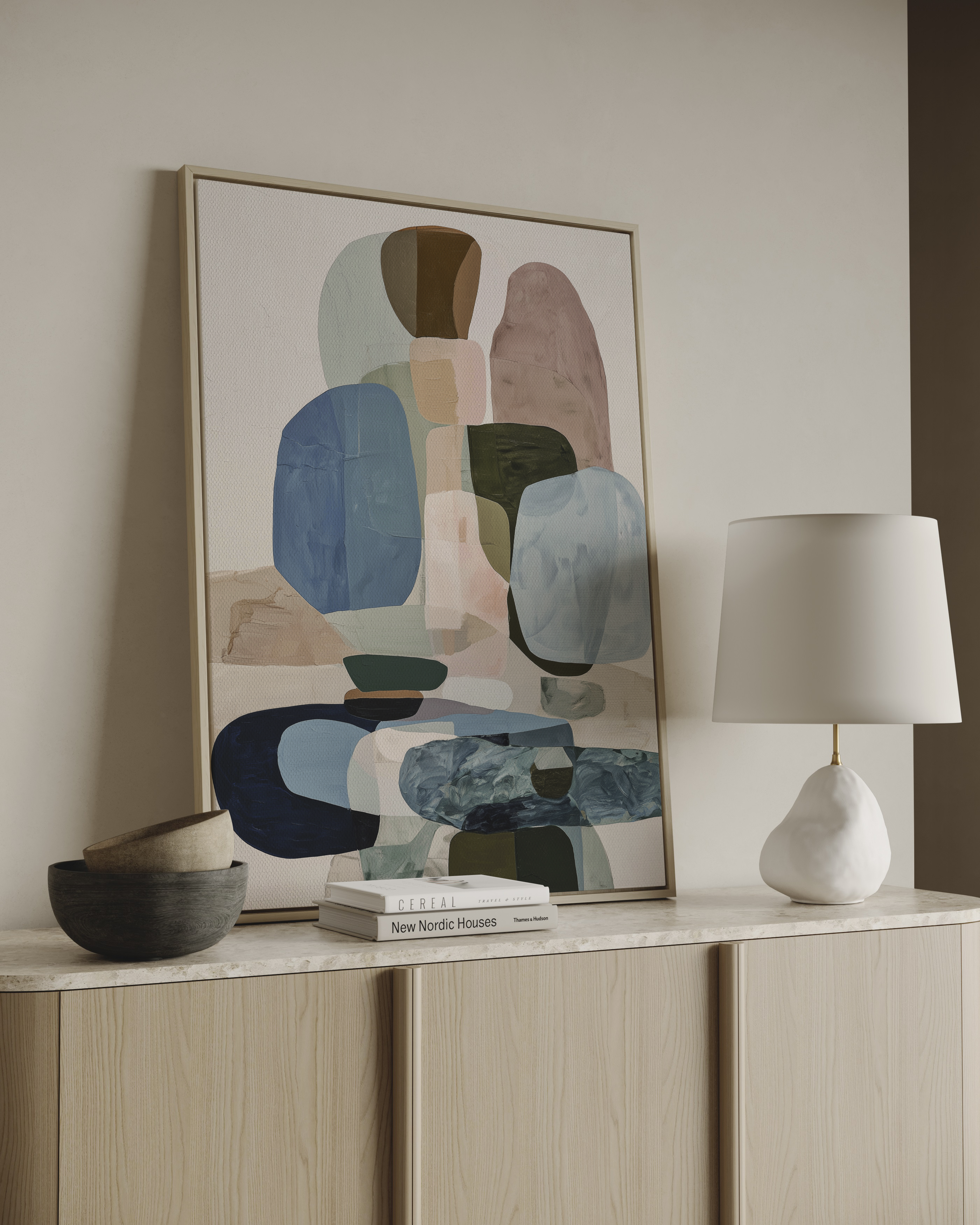Abstract wall art with blue and neutral tones in soft organic composition
