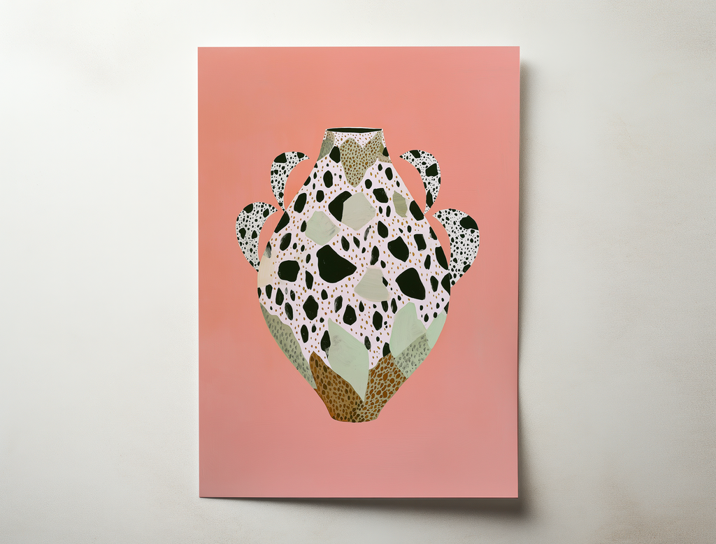 Contemporary art print of a modern vase with organic shapes and terrazzo-inspired textures in warm tones