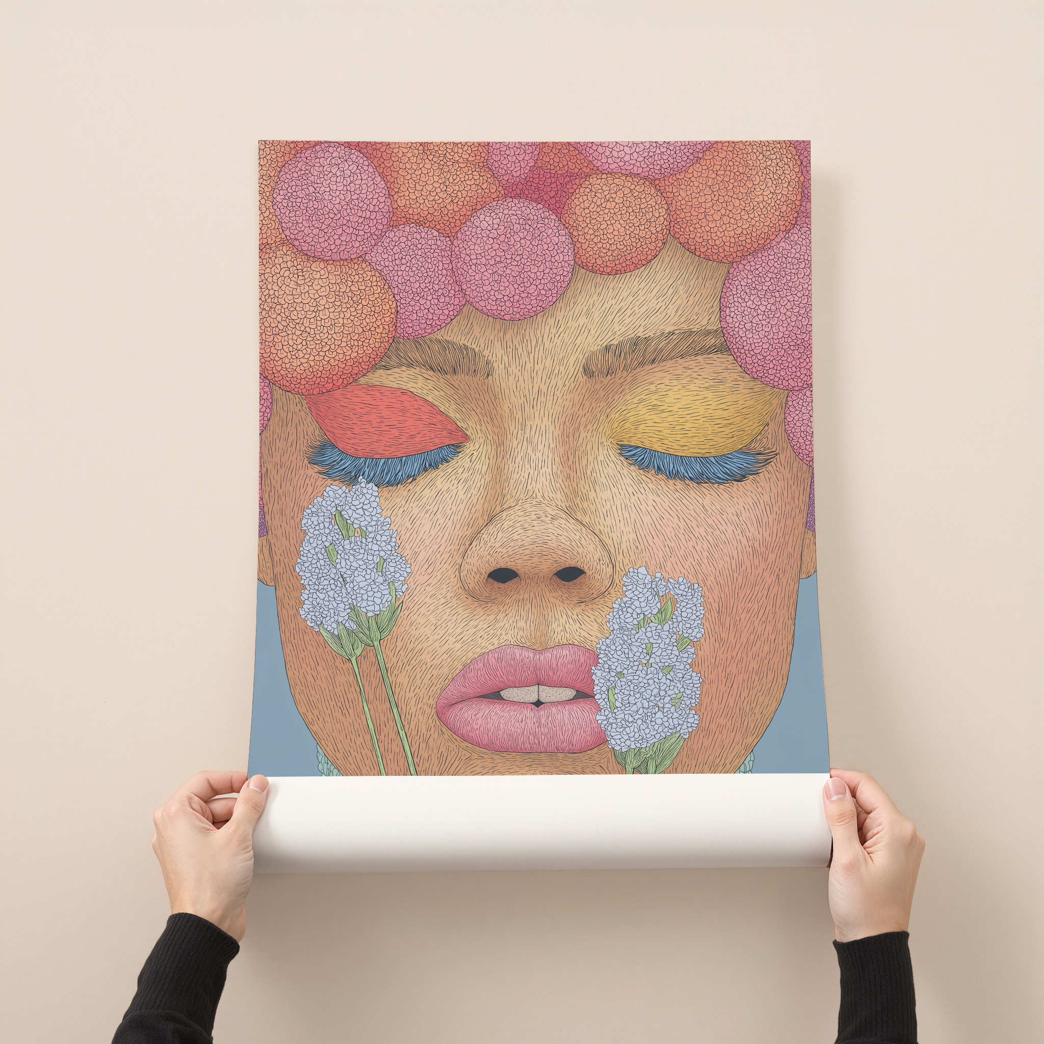Floral feminine portrait art print of a woman with closed eyes, soft pastel flowers and warm tones, modern illustrated wall art