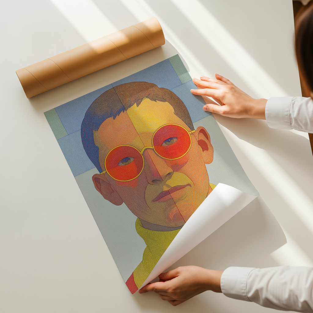 modern graphic portrait illustration of a man with round red glasses, colorful textured face, contemporary art print for living room or office wall decor