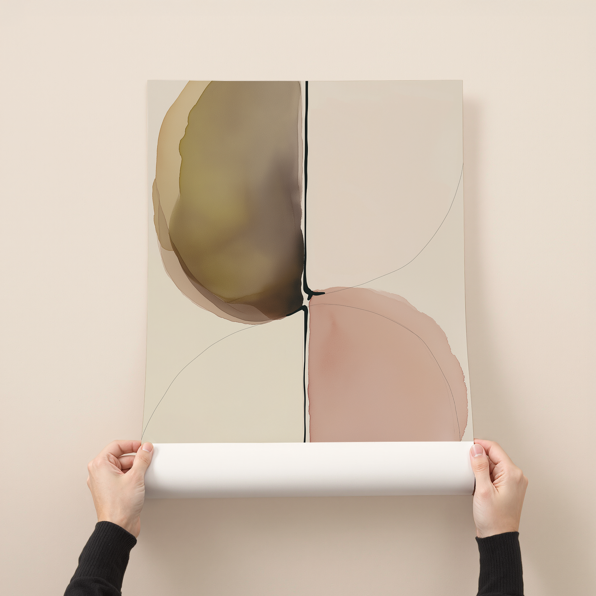 Solren minimalist abstract wall art with organic shapes in warm neutral tones intersected by a bold vertical line