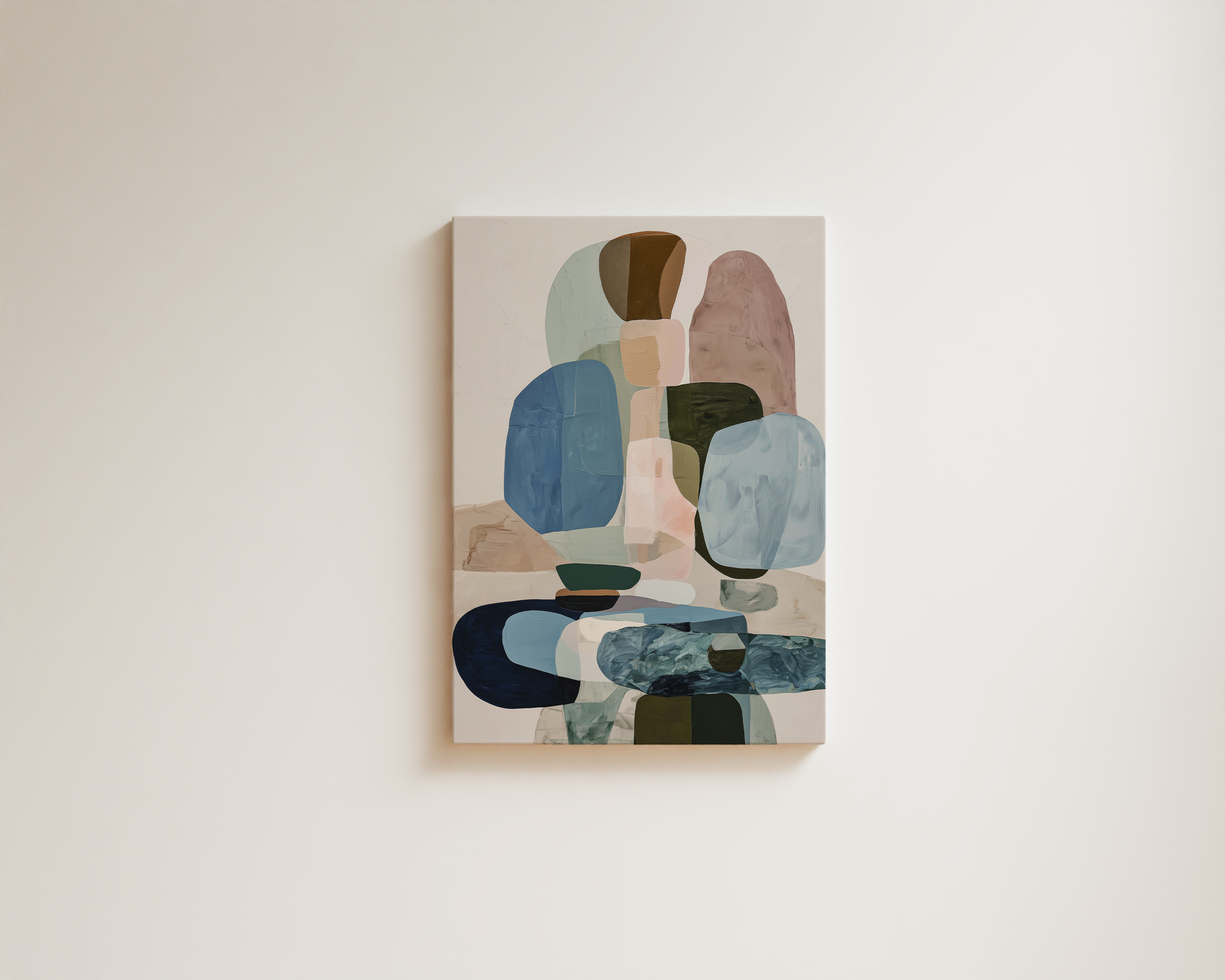 Abstract wall art with blue and neutral tones in soft organic composition
