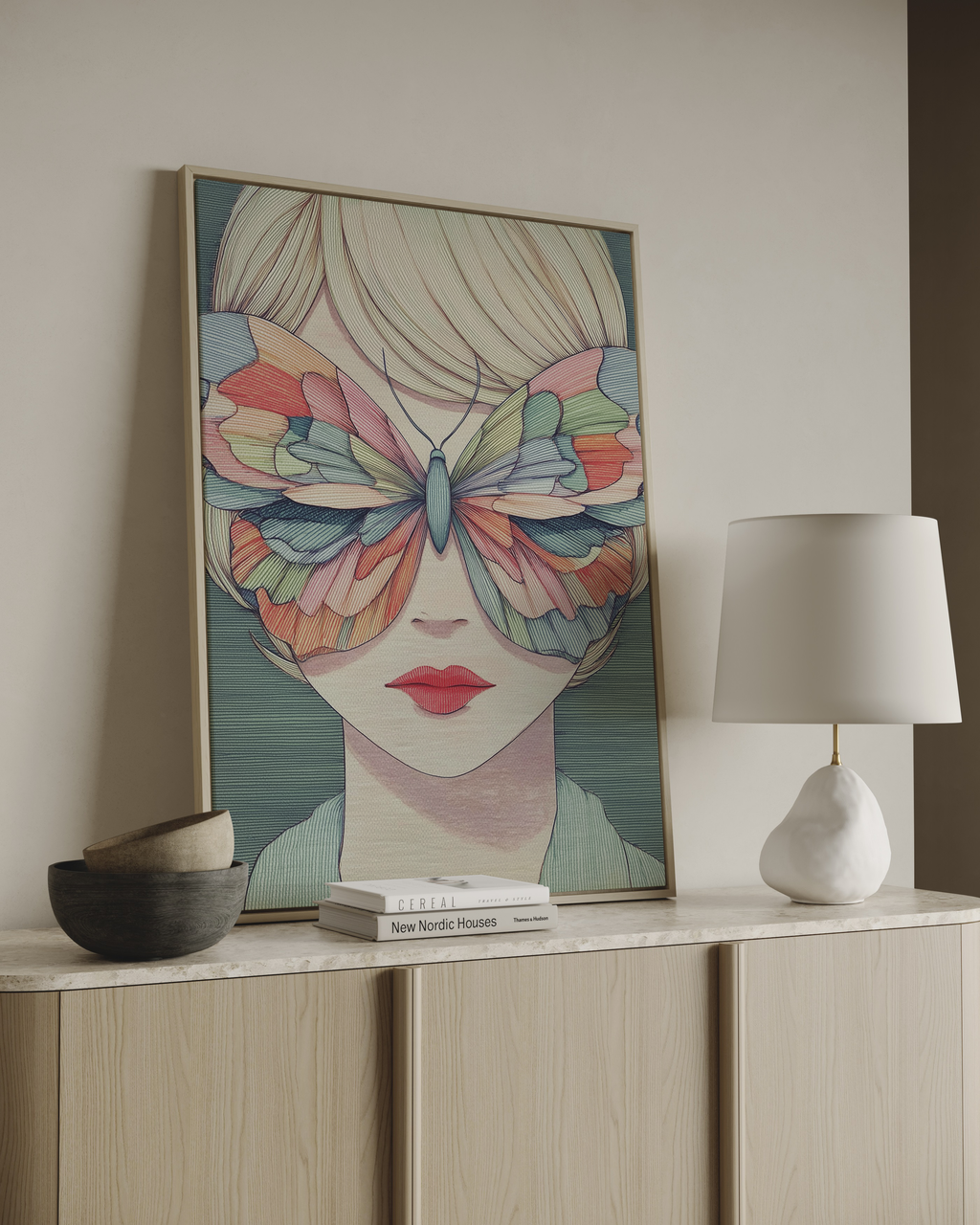 minimalist butterfly wall art with feminine portrait in soft muted tones
