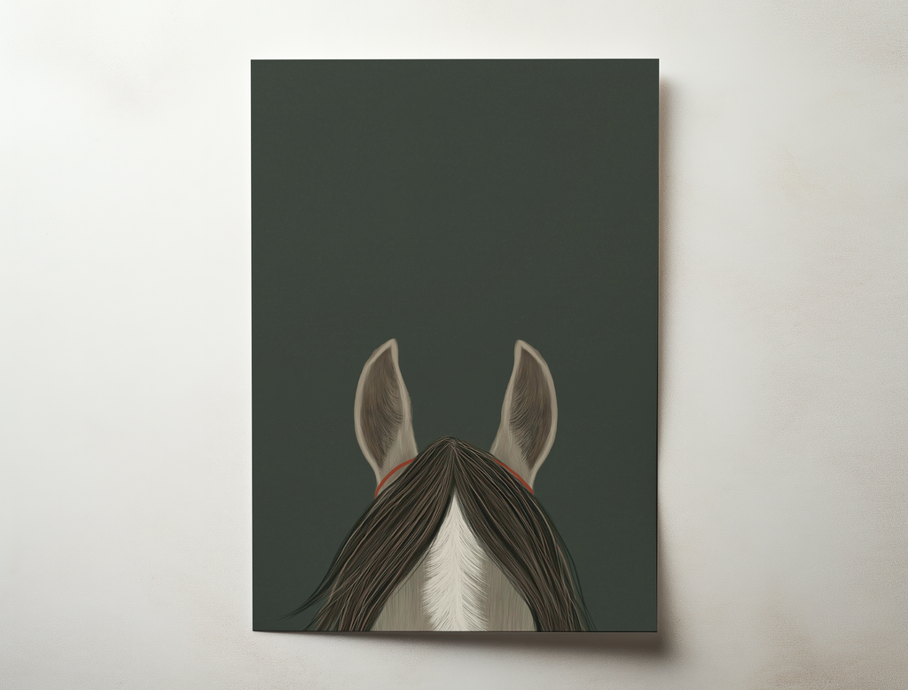 Frey minimalist horse illustration wall art with forest green background