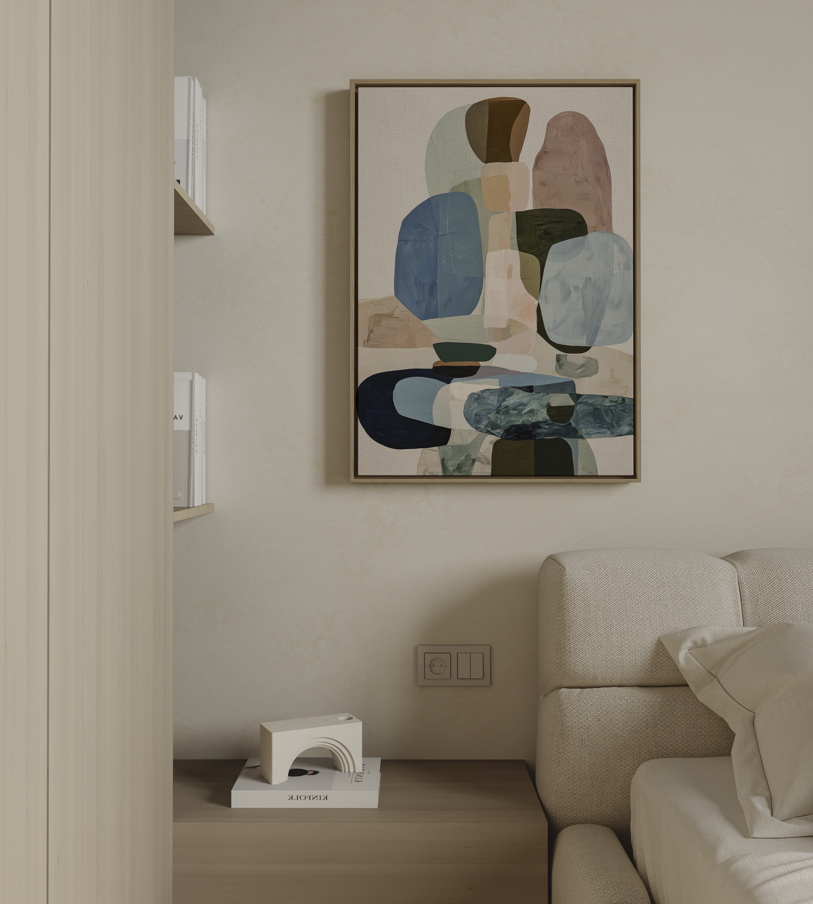 Abstract wall art with blue and neutral tones in soft organic composition