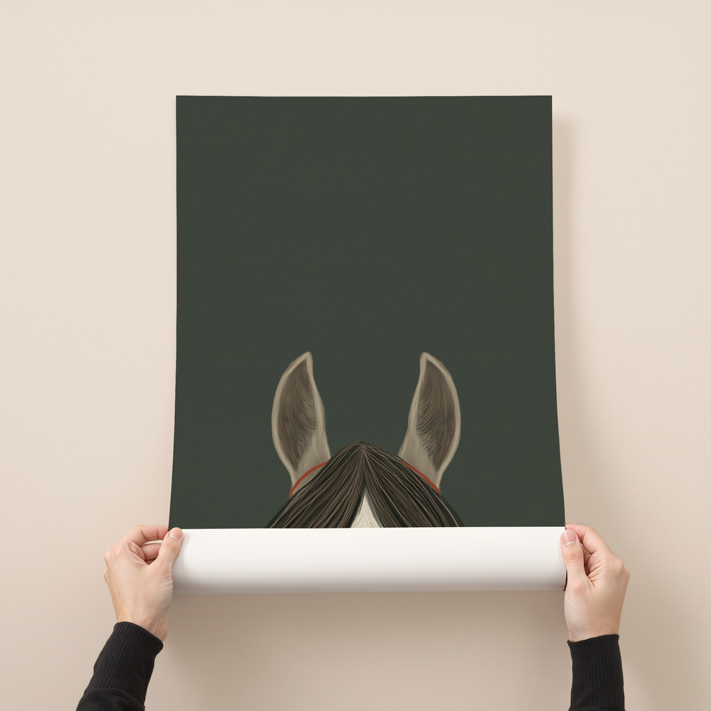 Frey minimalist horse illustration wall art with forest green background