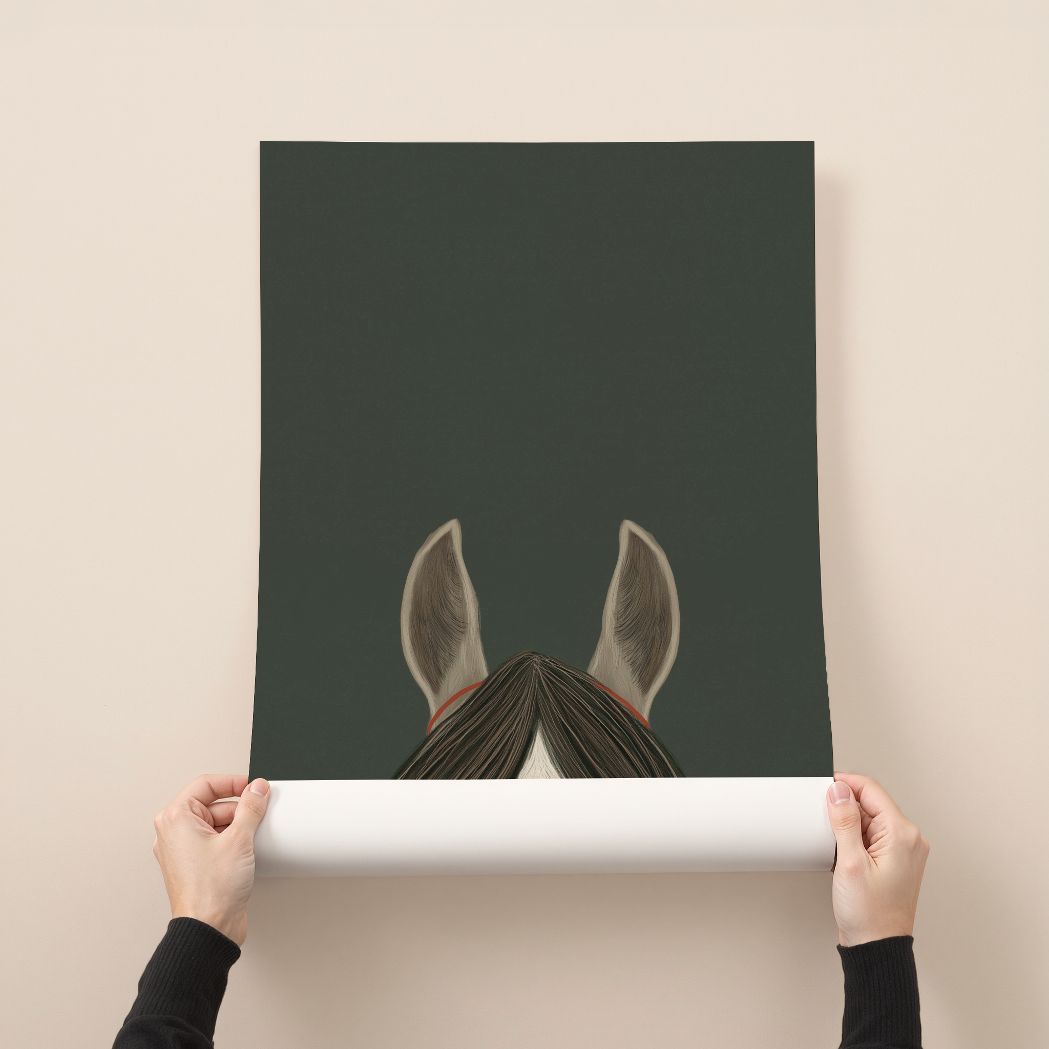 Frey minimalist horse illustration wall art with forest green background