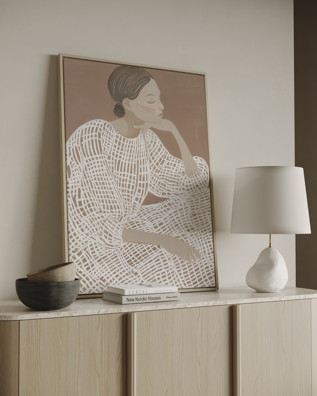 Minimal figurative wall art neutral tones woman illustration