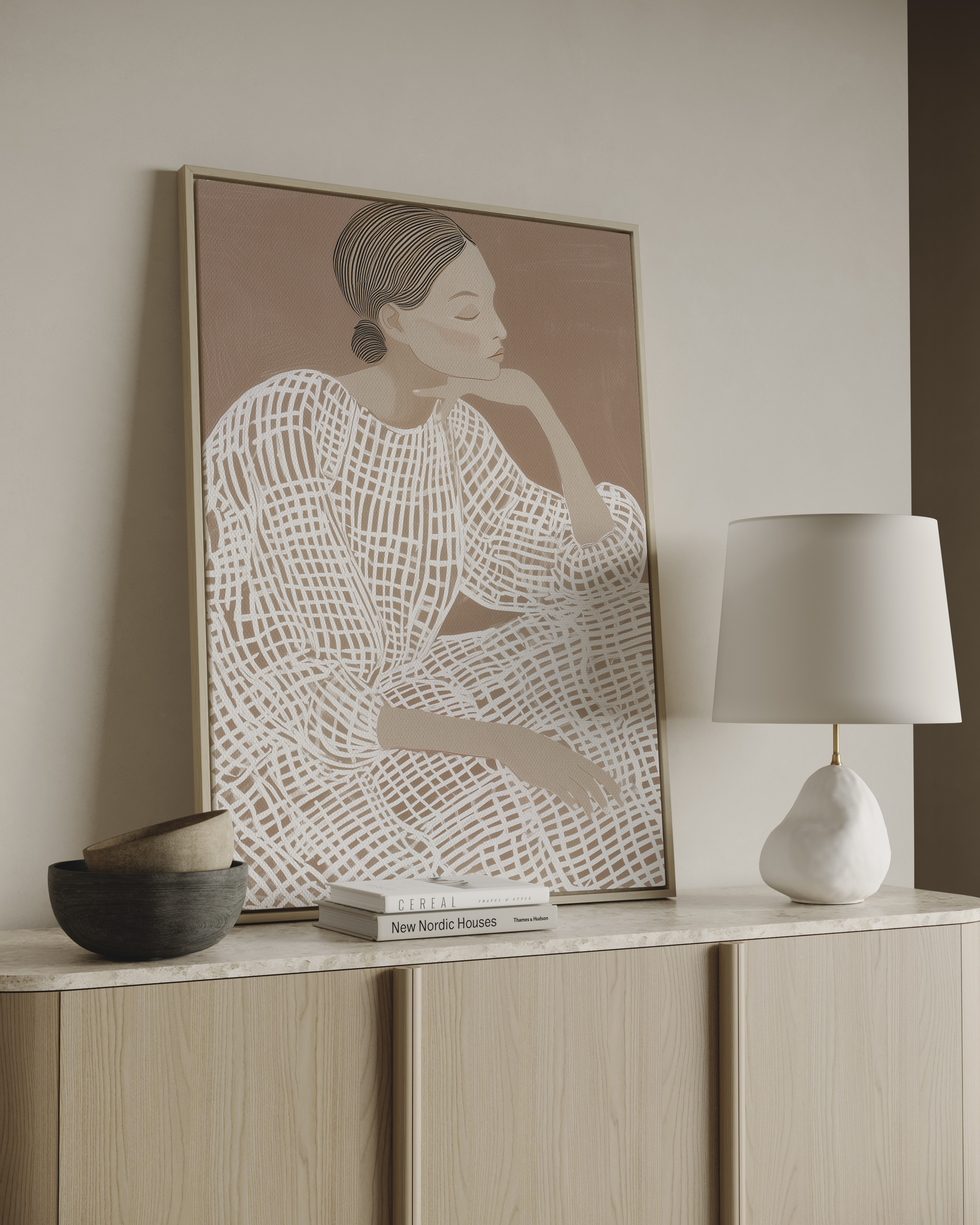 Minimal figurative wall art neutral tones woman illustration
