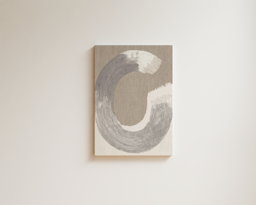 Minimalist abstract wall art with circular line composition on neutral background