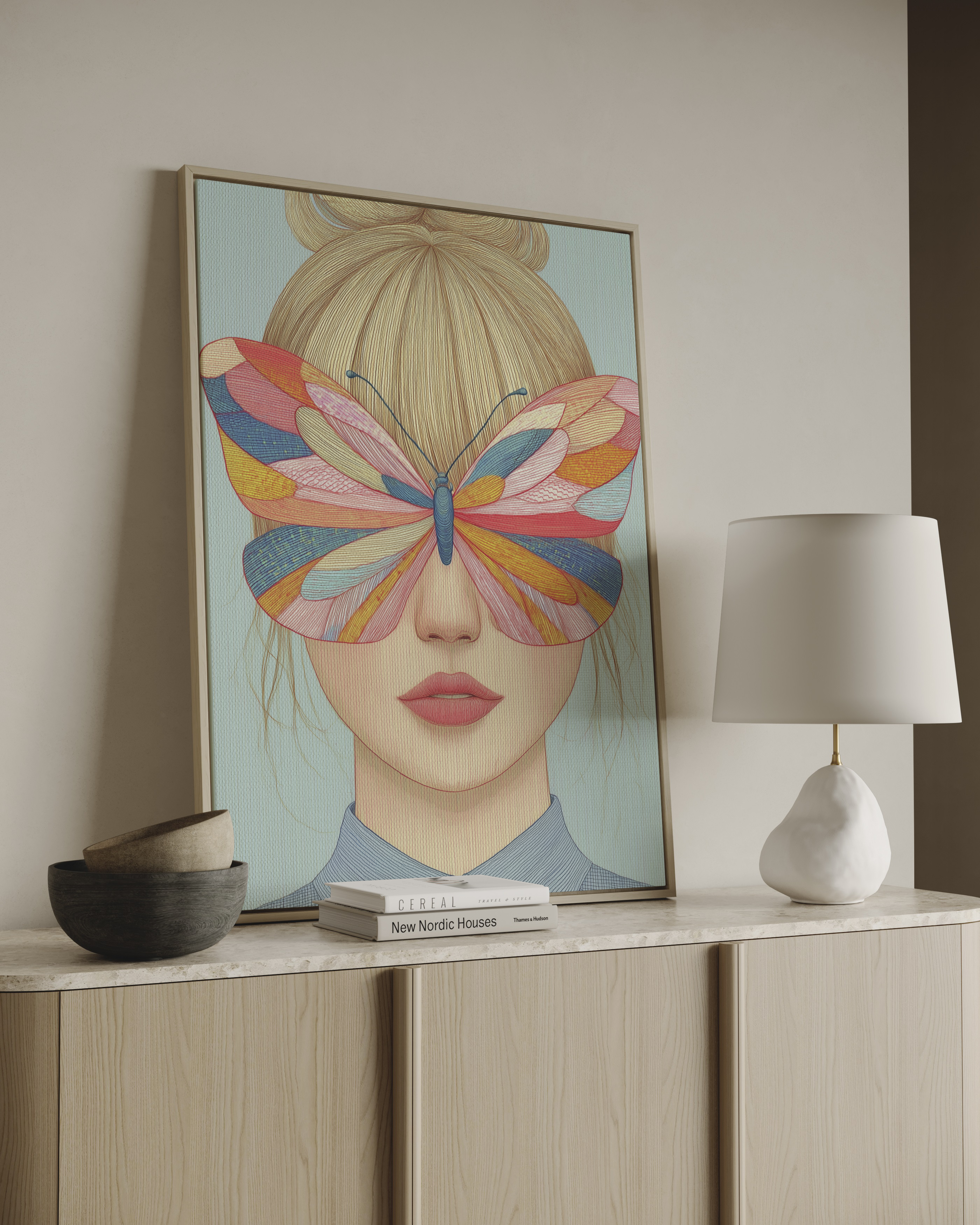 Framed artwork of a woman with a butterfly over her eyes on a wall above a shelf.