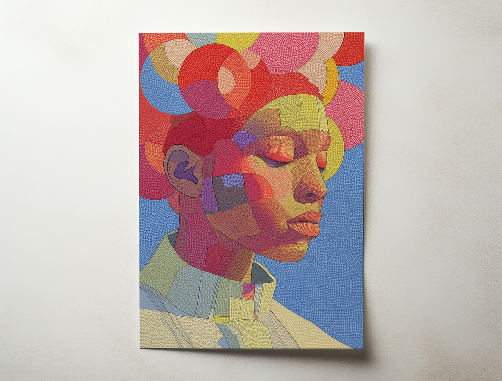 Isara colorful abstract portrait wall art featuring a stylized face composed of geometric shapes and vibrant colors
