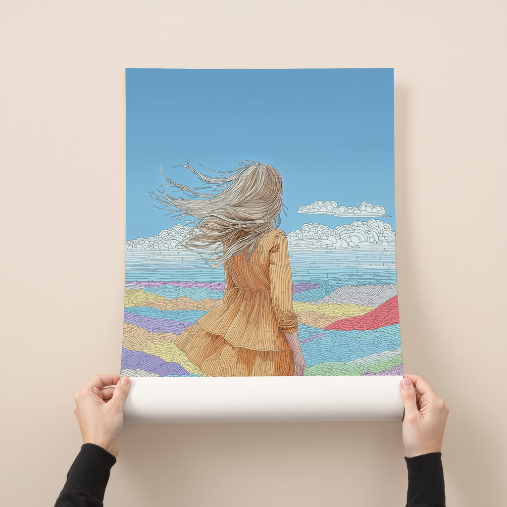 Illustrated wall art print of a girl with long hair blowing in the wind, standing in a colorful desert landscape under a blue sky.