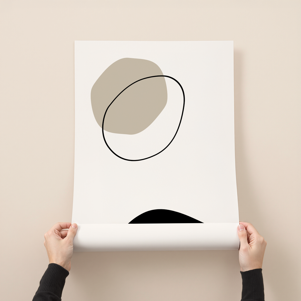 Minimal abstract wall art print with beige organic shape and black line on white background