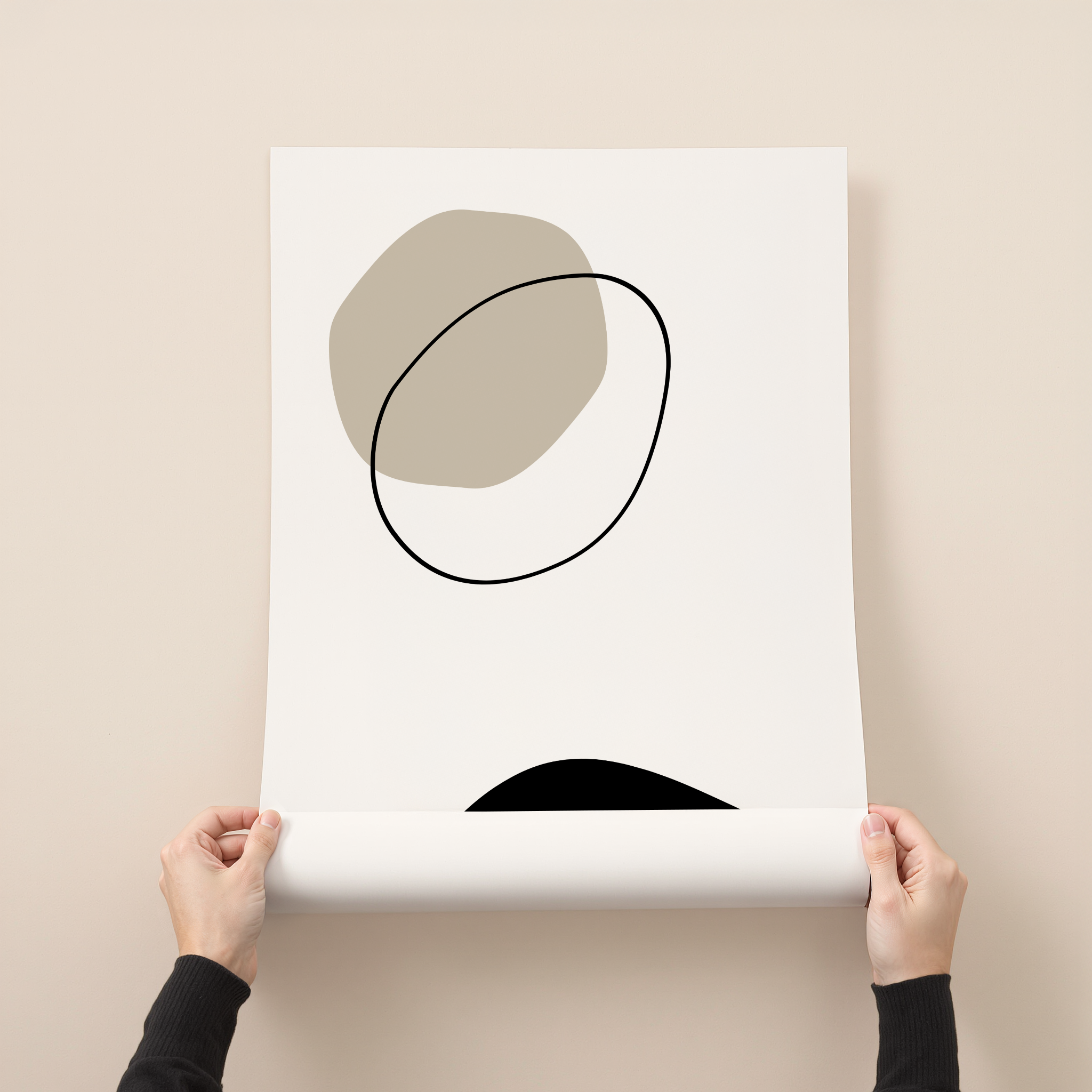 Minimal abstract wall art print with beige organic shape and black line on white background
