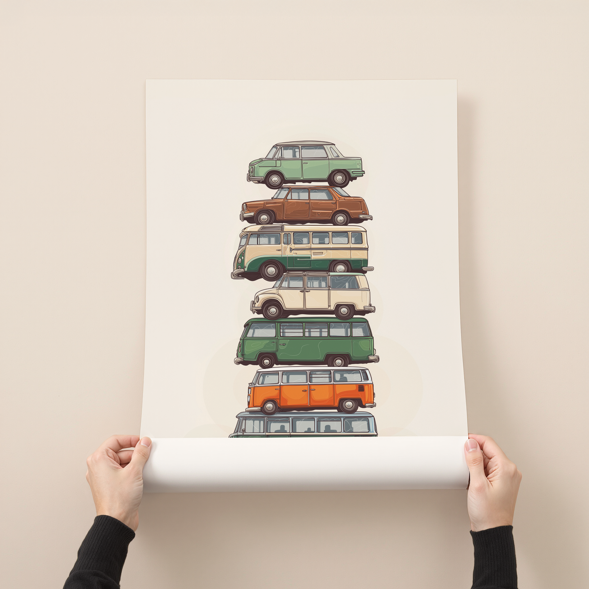 Illustrated art print of stacked vintage vans in green, beige, and orange tones, minimalist retro wall art.