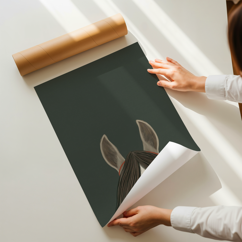 Frey minimalist horse illustration wall art with forest green background